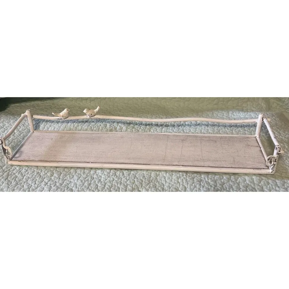 Wood & Metal White Shabby Chic Rectangular Wall Shelf With Twig & Birds